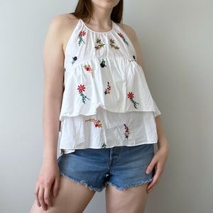 White Flowy Boho Embroidered With Flowers Top NWOT